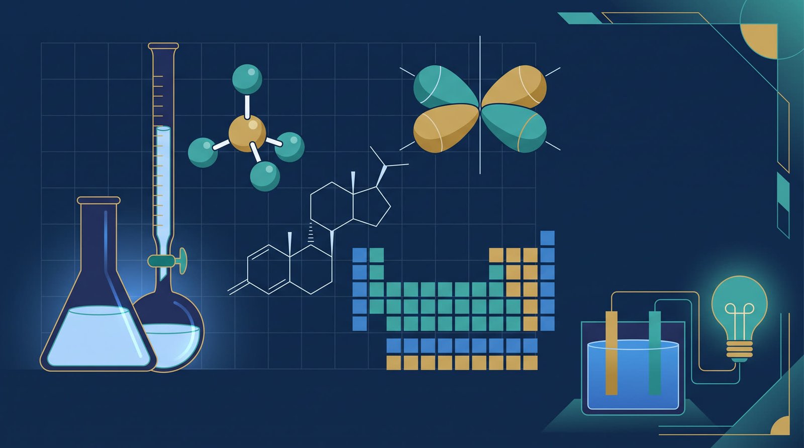 Glassware, a molecular model and a titration beside a structural formula