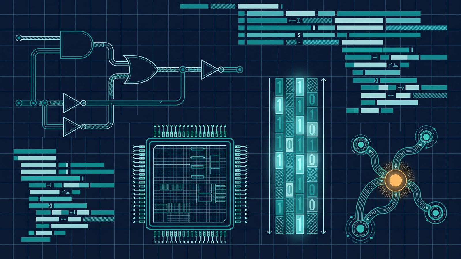 A logic circuit, a column of binary digits and a program listing on a deep navy ground