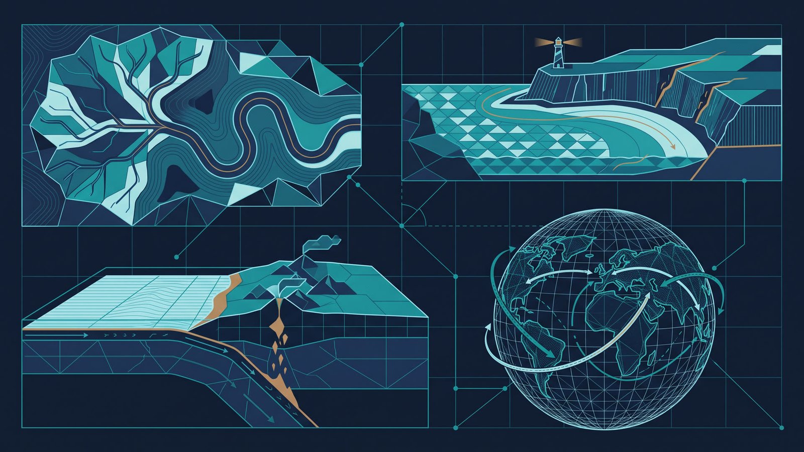 A river basin beside a cliff coastline, tectonic plates under a globe and a map of trade routes