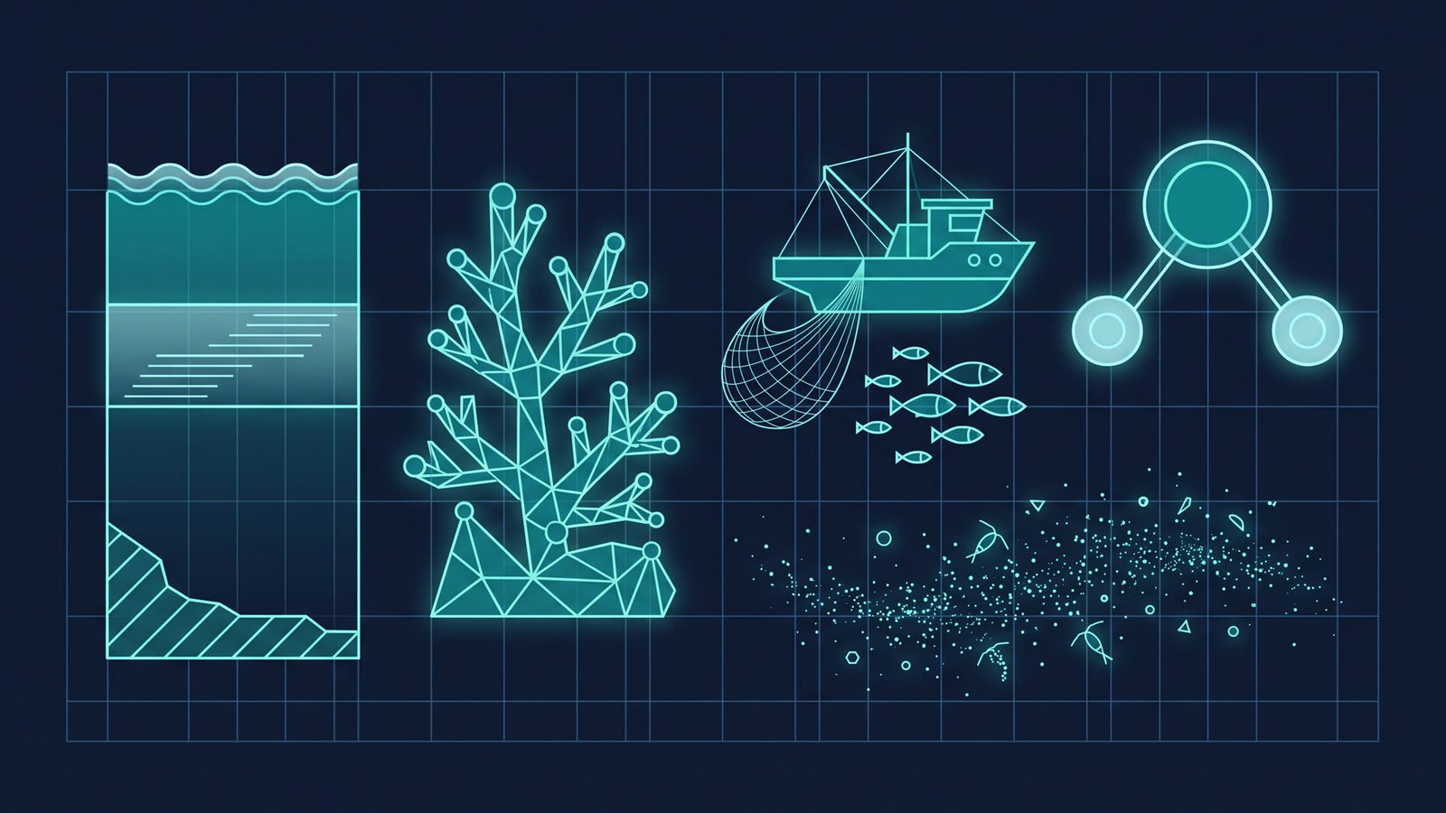 Layered ocean cross-sections with a coral reef, a fishing boat and a water molecule on a deep navy ground