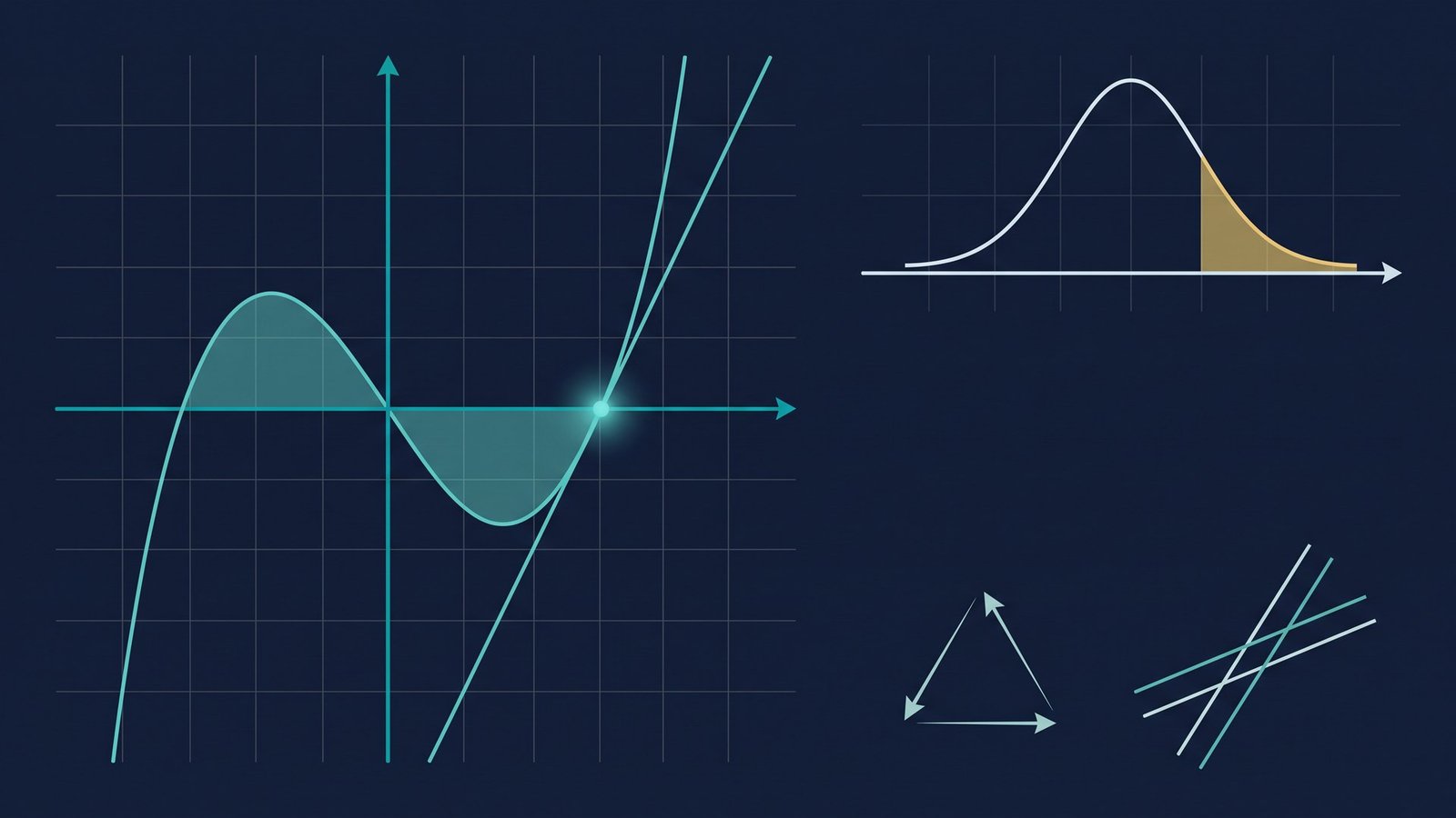 A cubic curve with a tangent and the area beneath it shaded, beside a normal distribution curve