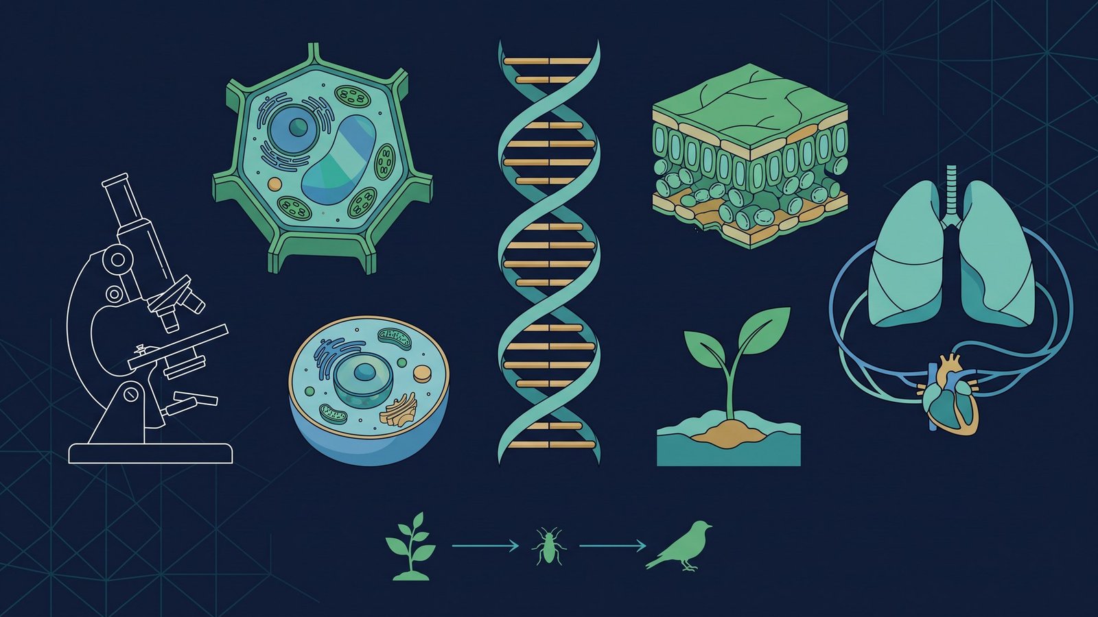 A plant cell, a leaf cross-section and a strand of DNA