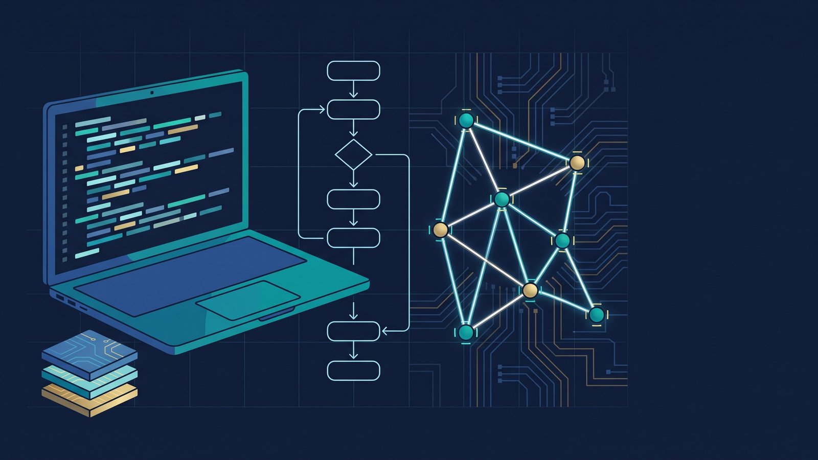 A laptop of code, a flowchart and a network of connected nodes