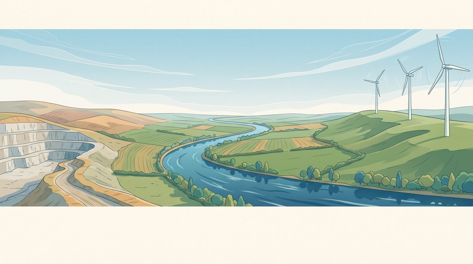 A quarry face, a river and a wind farm in one landscape