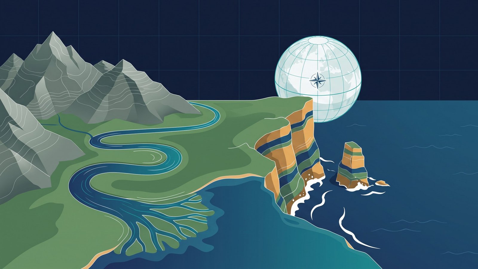 A river running from contour-lined mountains to a delta, beside a coastal cliff, a sea stack and a globe