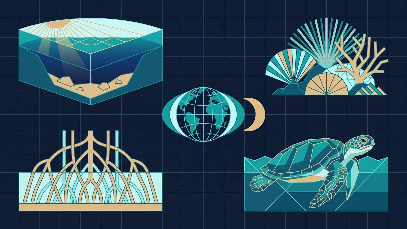 A cutaway of the ocean from surface to sea floor, with a reef, a mangrove and a turtle